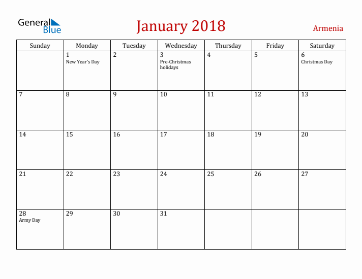 Armenia January 2018 Calendar - Sunday Start