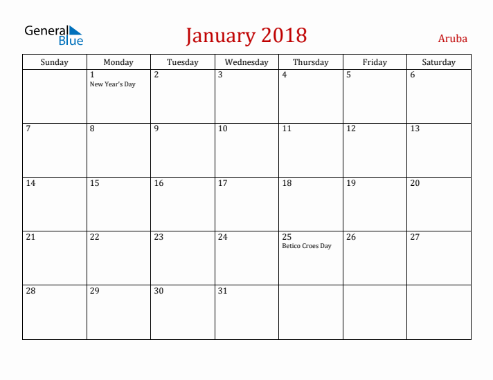 Aruba January 2018 Calendar - Sunday Start