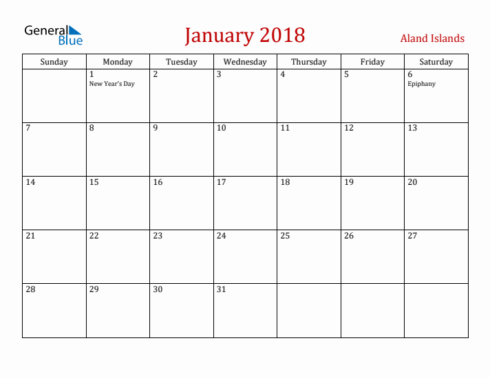 Aland Islands January 2018 Calendar - Sunday Start
