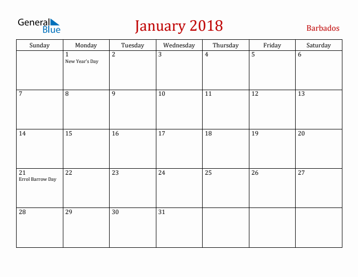 Barbados January 2018 Calendar - Sunday Start