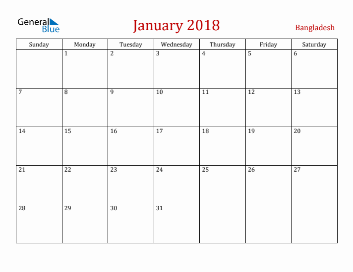 Bangladesh January 2018 Calendar - Sunday Start