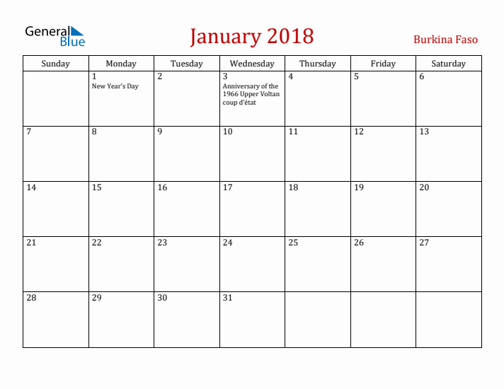 Burkina Faso January 2018 Calendar - Sunday Start