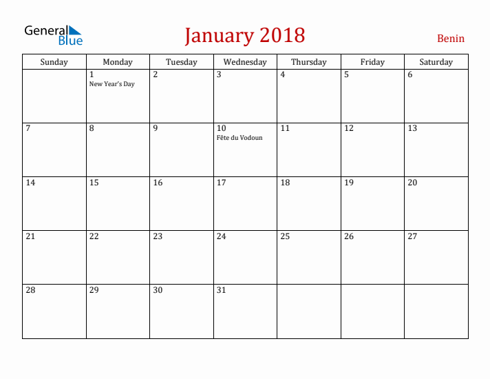 Benin January 2018 Calendar - Sunday Start