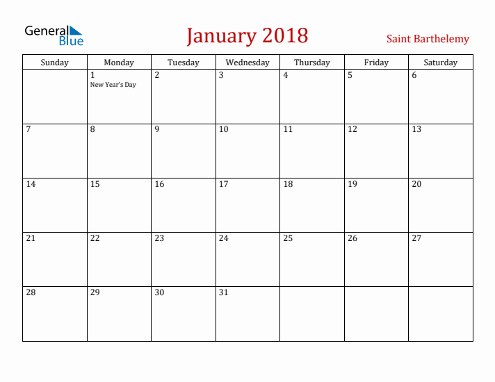 Saint Barthelemy January 2018 Calendar - Sunday Start