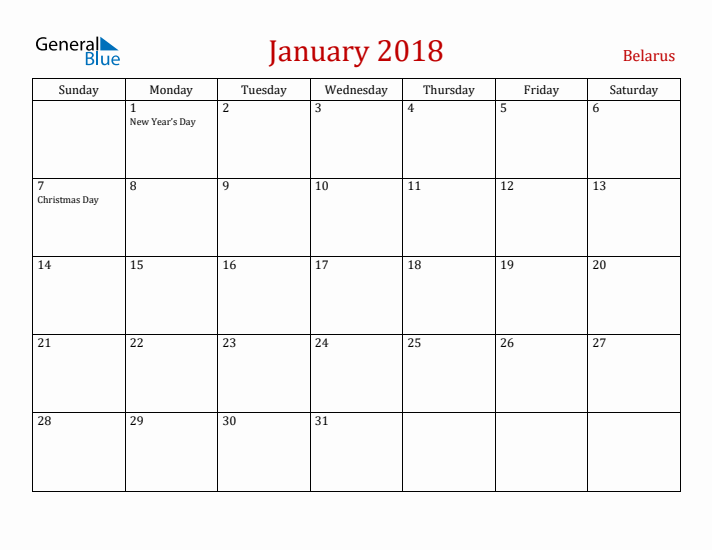 Belarus January 2018 Calendar - Sunday Start