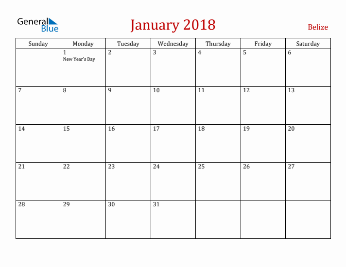 Belize January 2018 Calendar - Sunday Start