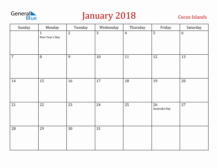 Cocos Islands January 2018 Calendar - Sunday Start