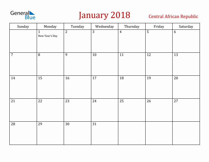 Central African Republic January 2018 Calendar - Sunday Start