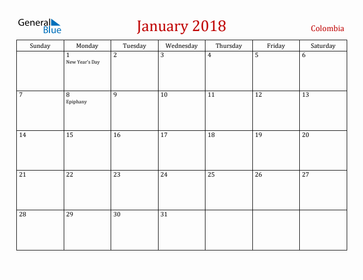 Colombia January 2018 Calendar - Sunday Start