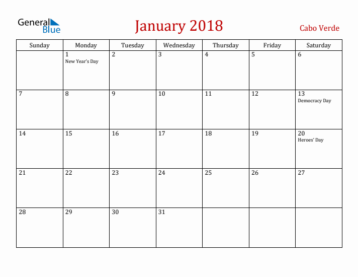 Cabo Verde January 2018 Calendar - Sunday Start
