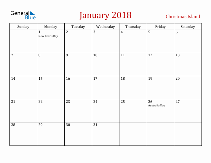 Christmas Island January 2018 Calendar - Sunday Start