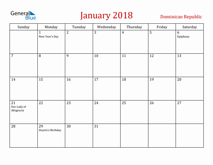Dominican Republic January 2018 Calendar - Sunday Start