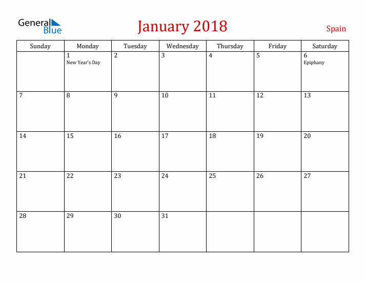 Spain January 2018 Calendar - Sunday Start