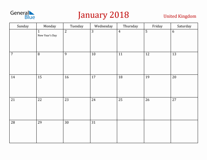 United Kingdom January 2018 Calendar - Sunday Start