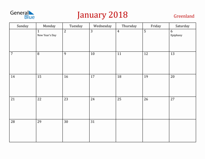 Greenland January 2018 Calendar - Sunday Start
