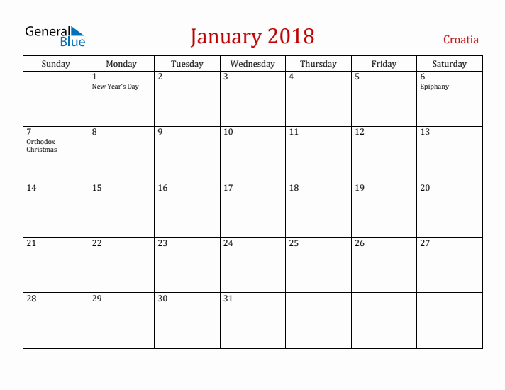 Croatia January 2018 Calendar - Sunday Start