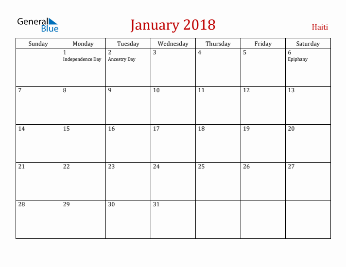 Haiti January 2018 Calendar - Sunday Start