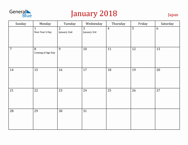 Japan January 2018 Calendar - Sunday Start