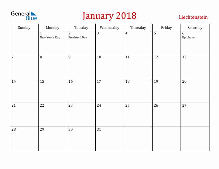 Liechtenstein January 2018 Calendar - Sunday Start