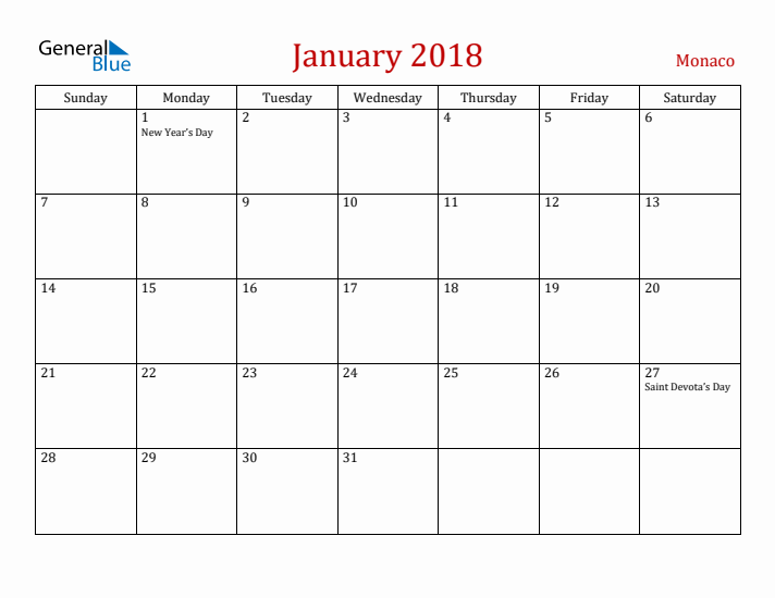 Monaco January 2018 Calendar - Sunday Start