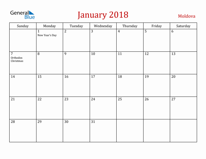 Moldova January 2018 Calendar - Sunday Start