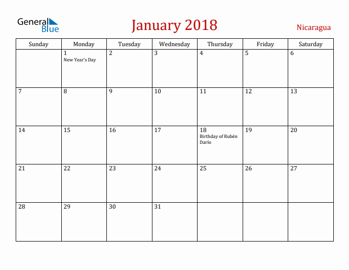 Nicaragua January 2018 Calendar - Sunday Start