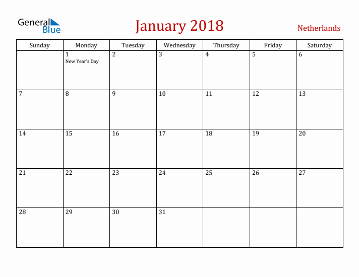 The Netherlands January 2018 Calendar - Sunday Start