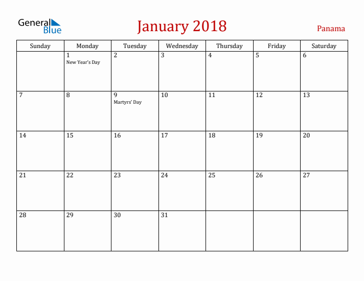 Panama January 2018 Calendar - Sunday Start