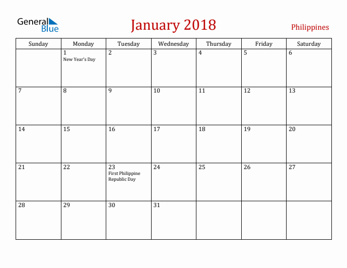 Philippines January 2018 Calendar - Sunday Start