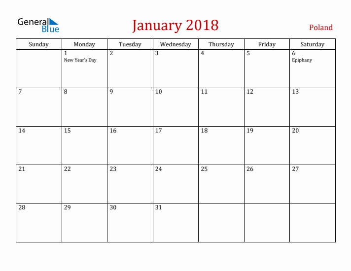 Poland January 2018 Calendar - Sunday Start