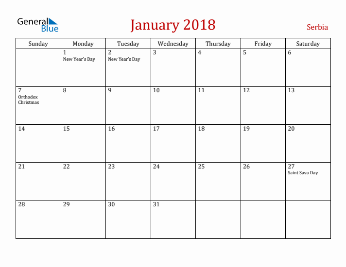 Serbia January 2018 Calendar - Sunday Start