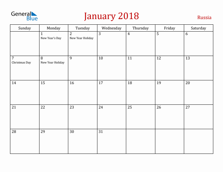 Russia January 2018 Calendar - Sunday Start