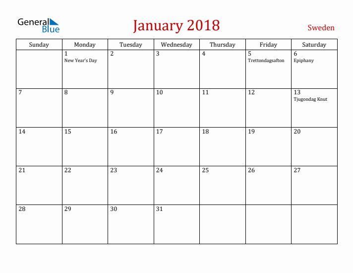 Sweden January 2018 Calendar - Sunday Start