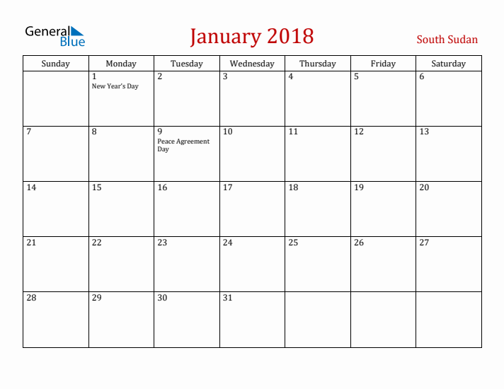 South Sudan January 2018 Calendar - Sunday Start