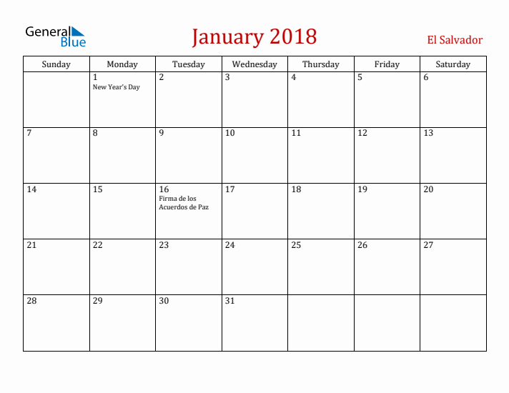 El Salvador January 2018 Calendar - Sunday Start