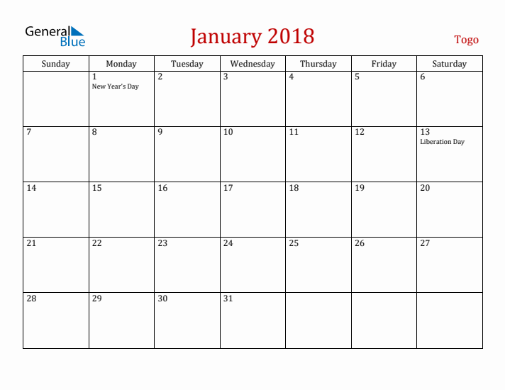 Togo January 2018 Calendar - Sunday Start