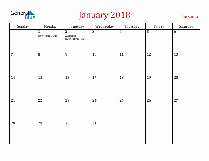 Tanzania January 2018 Calendar - Sunday Start