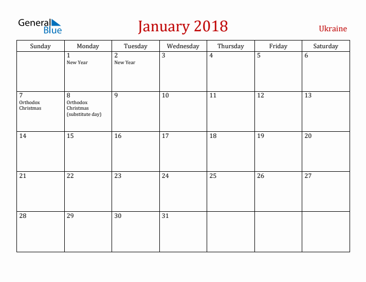 Ukraine January 2018 Calendar - Sunday Start