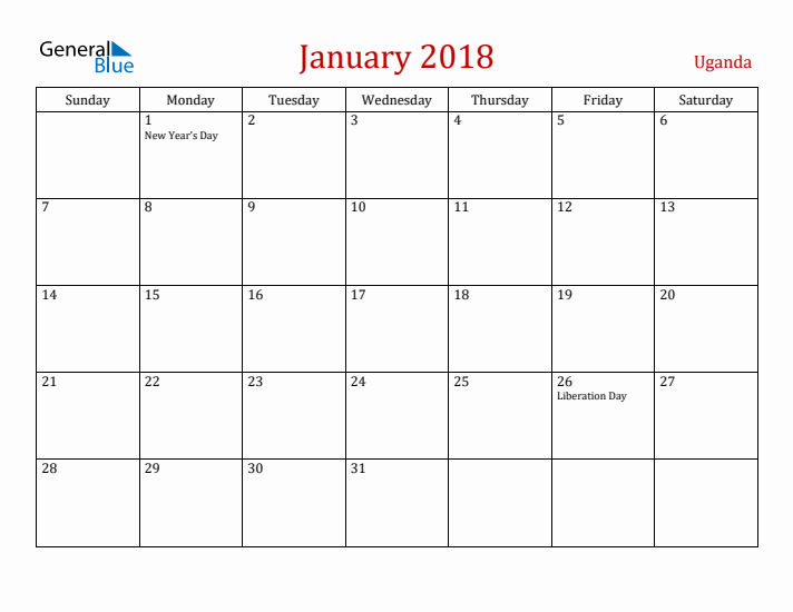 Uganda January 2018 Calendar - Sunday Start