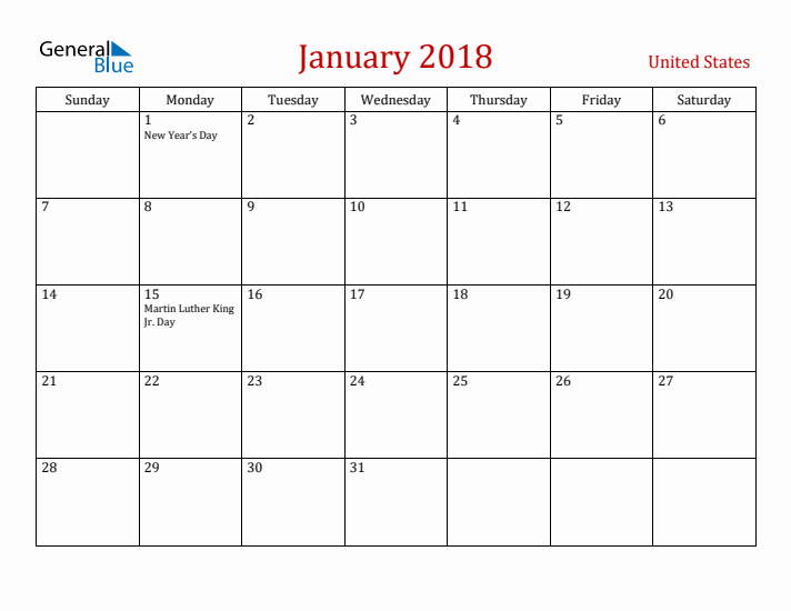 United States January 2018 Calendar - Sunday Start