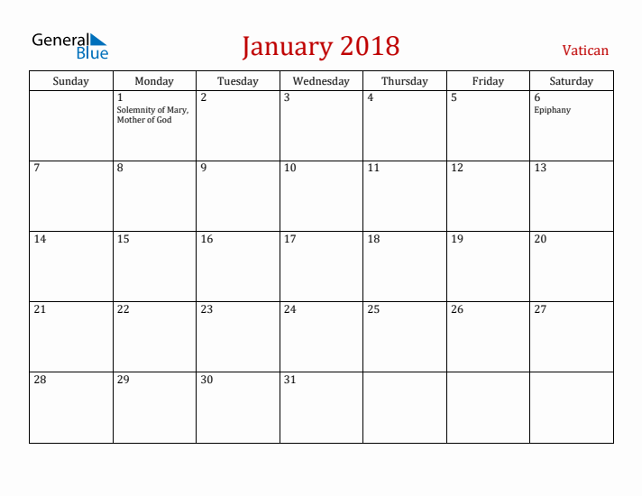 Vatican January 2018 Calendar - Sunday Start