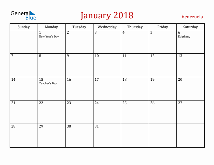 Venezuela January 2018 Calendar - Sunday Start