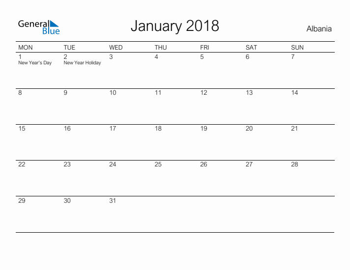 Printable January 2018 Calendar for Albania