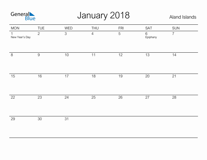 Printable January 2018 Calendar for Aland Islands