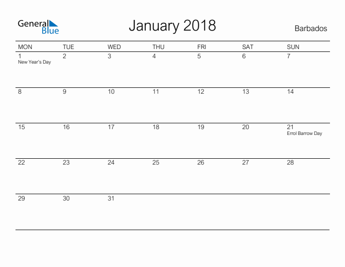 Printable January 2018 Calendar for Barbados