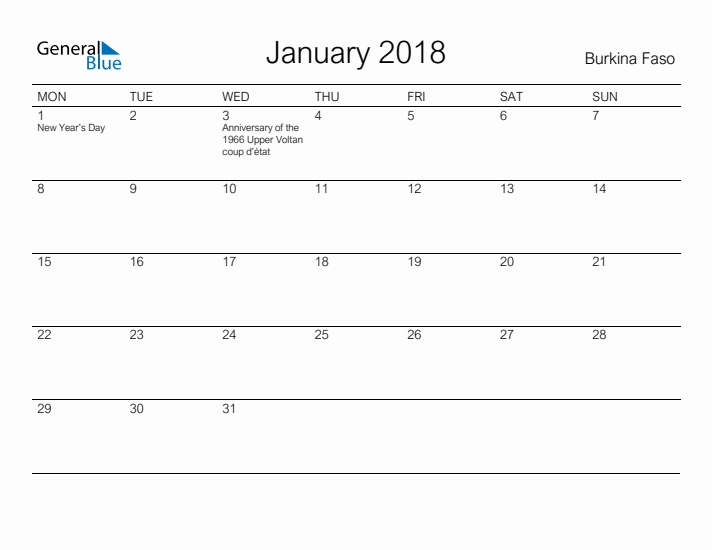 Printable January 2018 Calendar for Burkina Faso
