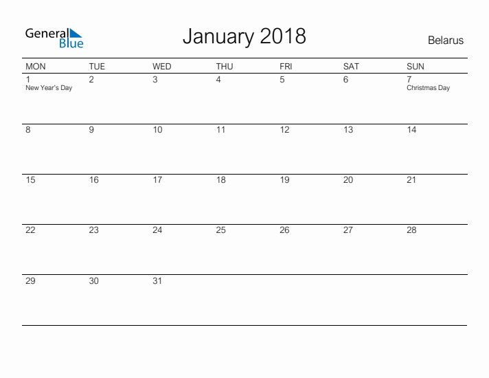 Printable January 2018 Calendar for Belarus