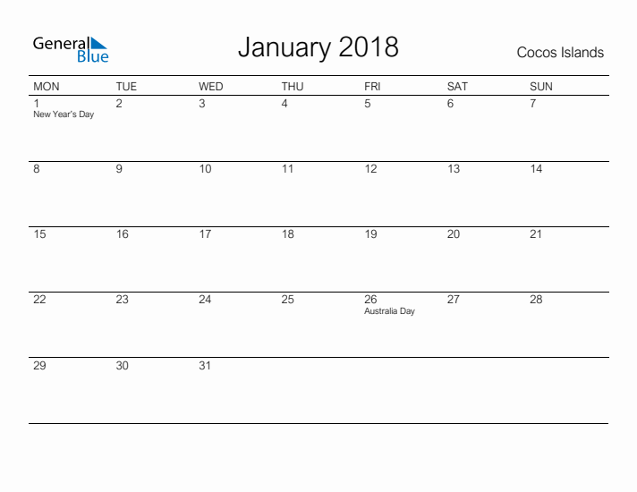 Printable January 2018 Calendar for Cocos Islands