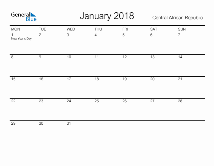 Printable January 2018 Calendar for Central African Republic