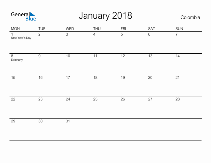 Printable January 2018 Calendar for Colombia
